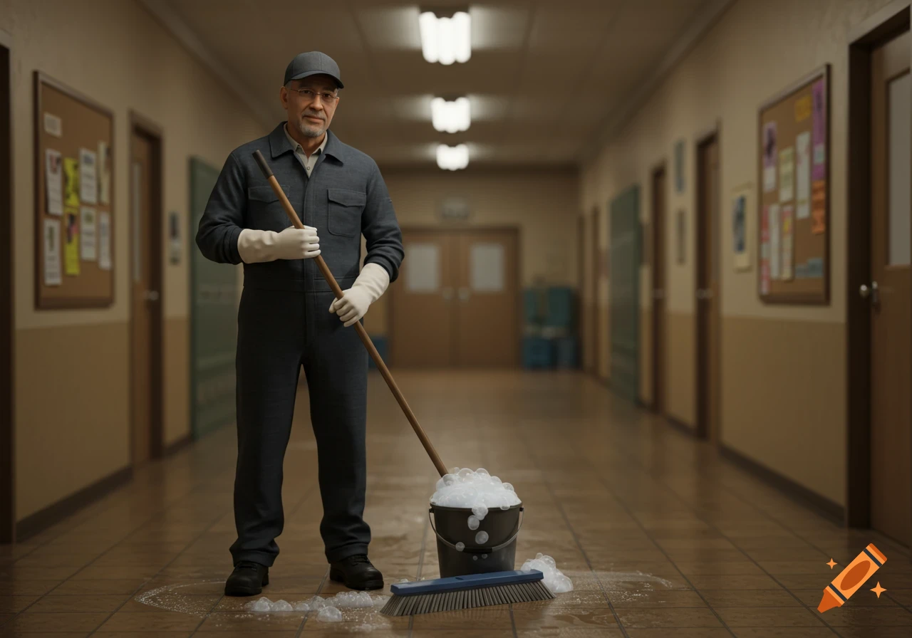 A photorealistic image of a male janitor in a dark blue uniform and white gloves, holding a mop next to a bucket of soapy water and a broom, standing in a school or office hallway.