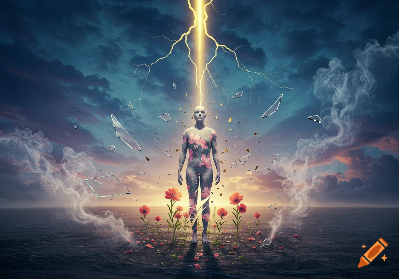 A surreal image of a bald figure with floral patterns, standing amidst broken glass shards and red flowers in water, under a dramatic sky with lightning.
