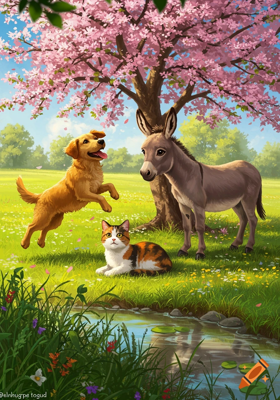 A vibrant illustration shows a jumping golden retriever, a calico cat, and a donkey in a grassy field with a cherry blossom tree and stream.