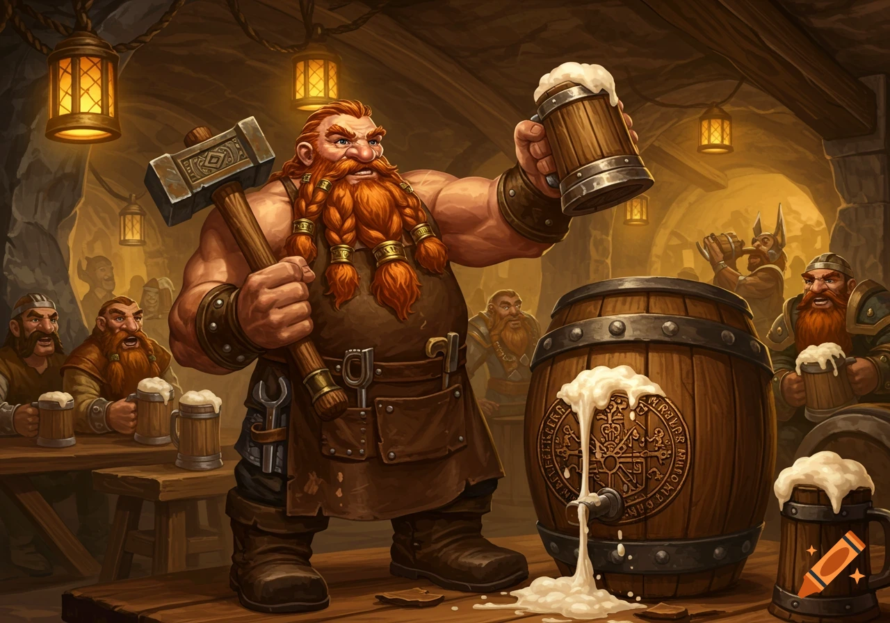 A muscular red-bearded dwarf with a hammer and a beer mug stands next to an overflowing keg in a rustic tavern, stylized.