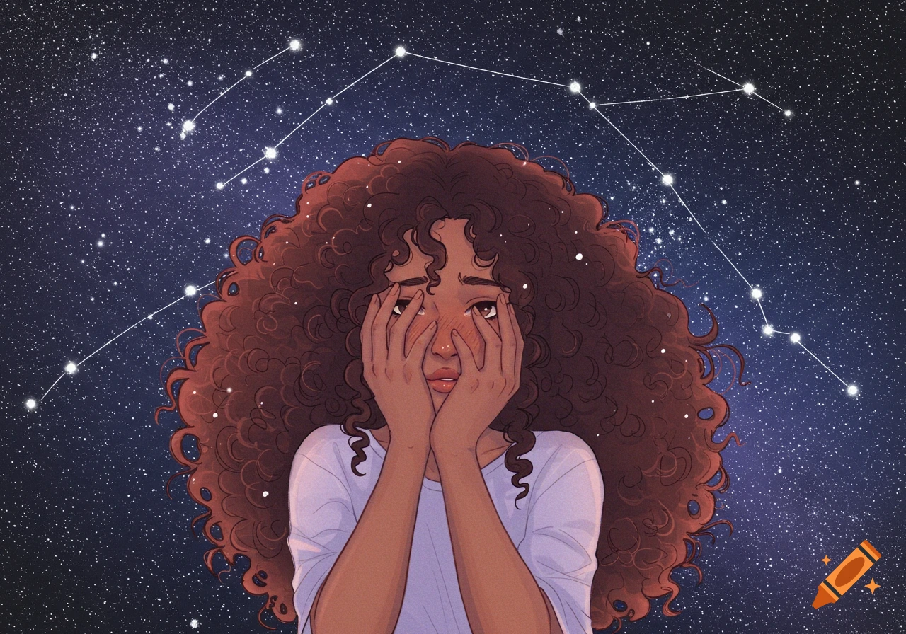Manga style illustration of a shy biracial woman with curly hair covering her eyes, against a starry night sky with constellations.