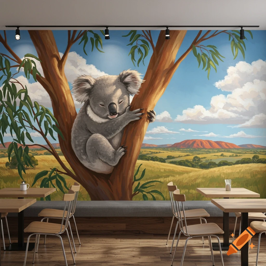 A mural on a cafe wall shows a sleeping koala on a tree with an Australian landscape in the background.