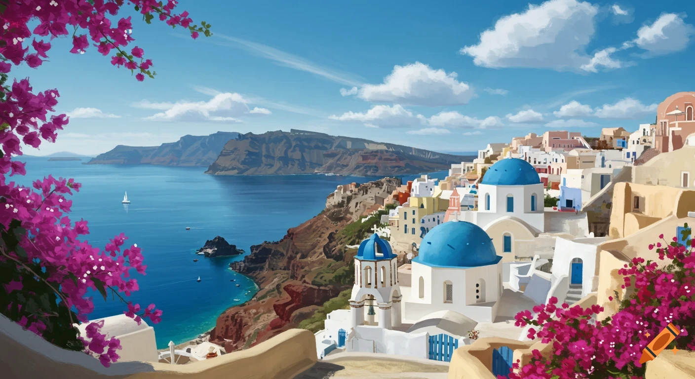 A vibrant, painterly illustration of a Greek coastal town with white buildings, blue domes, and pink bougainvillea overlooking the sea.