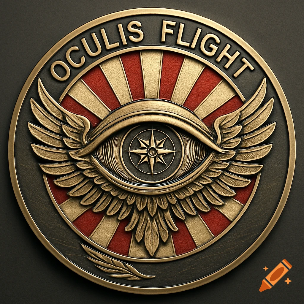 A round, bronze-colored military badge with a winged eye, a compass in its pupil, and red and gold rays. 'OCULIS FLIGHT' is embossed around the top.