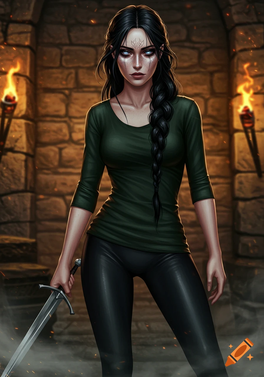 A dark-haired woman with a braid, wearing a green shirt and black leggings, holds a sword in a torch-lit stone dungeon.