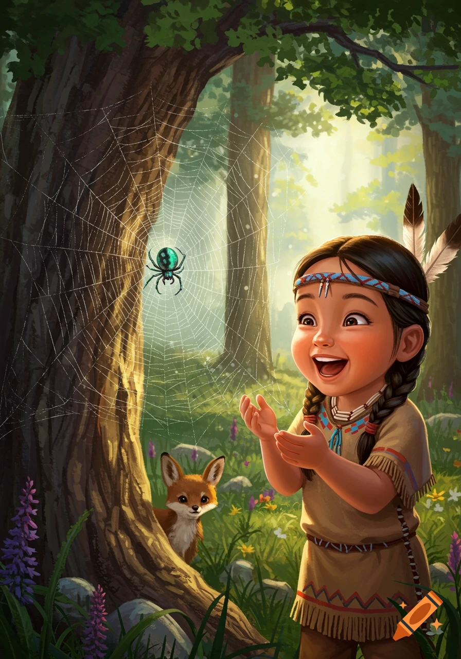 A joyful cartoon Native American girl marvels at a glowing spider in its web, with a fox peeking from behind a tree in a sunny forest.