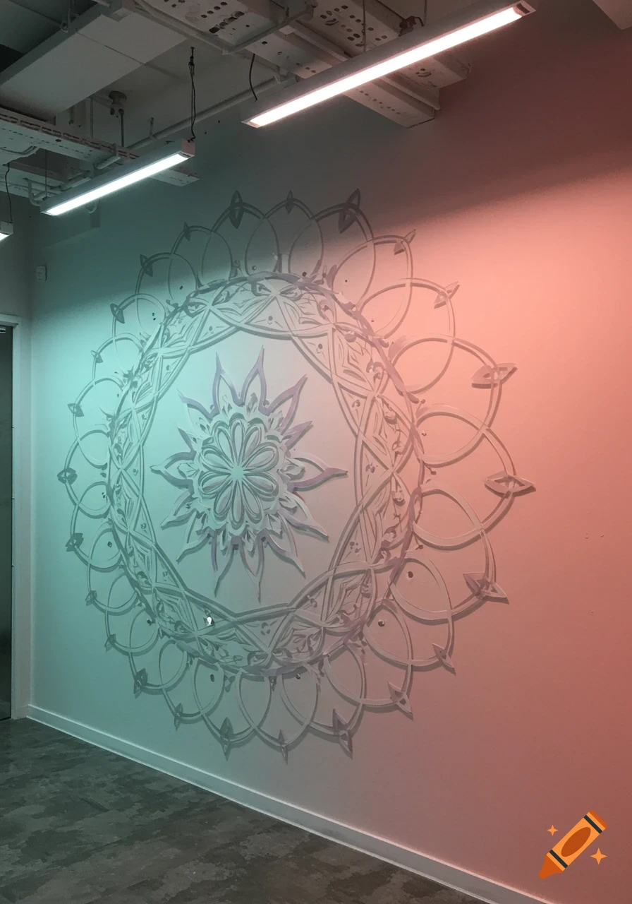 Intricate circular mandala mural on a white office wall, illuminated with vibrant green and red lighting.