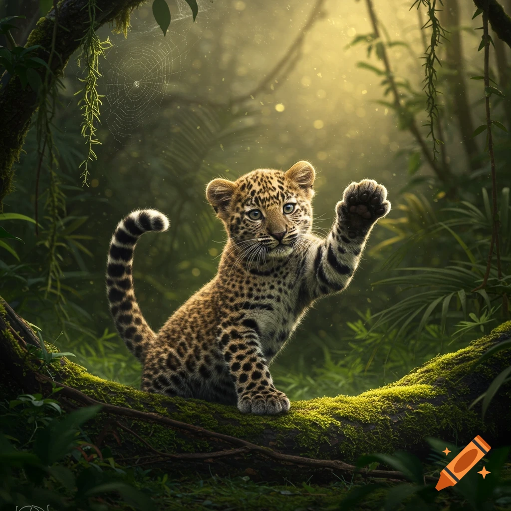 A cute, photorealistic leopard cub sits on a mossy log in a sunlit jungle, raising one paw.