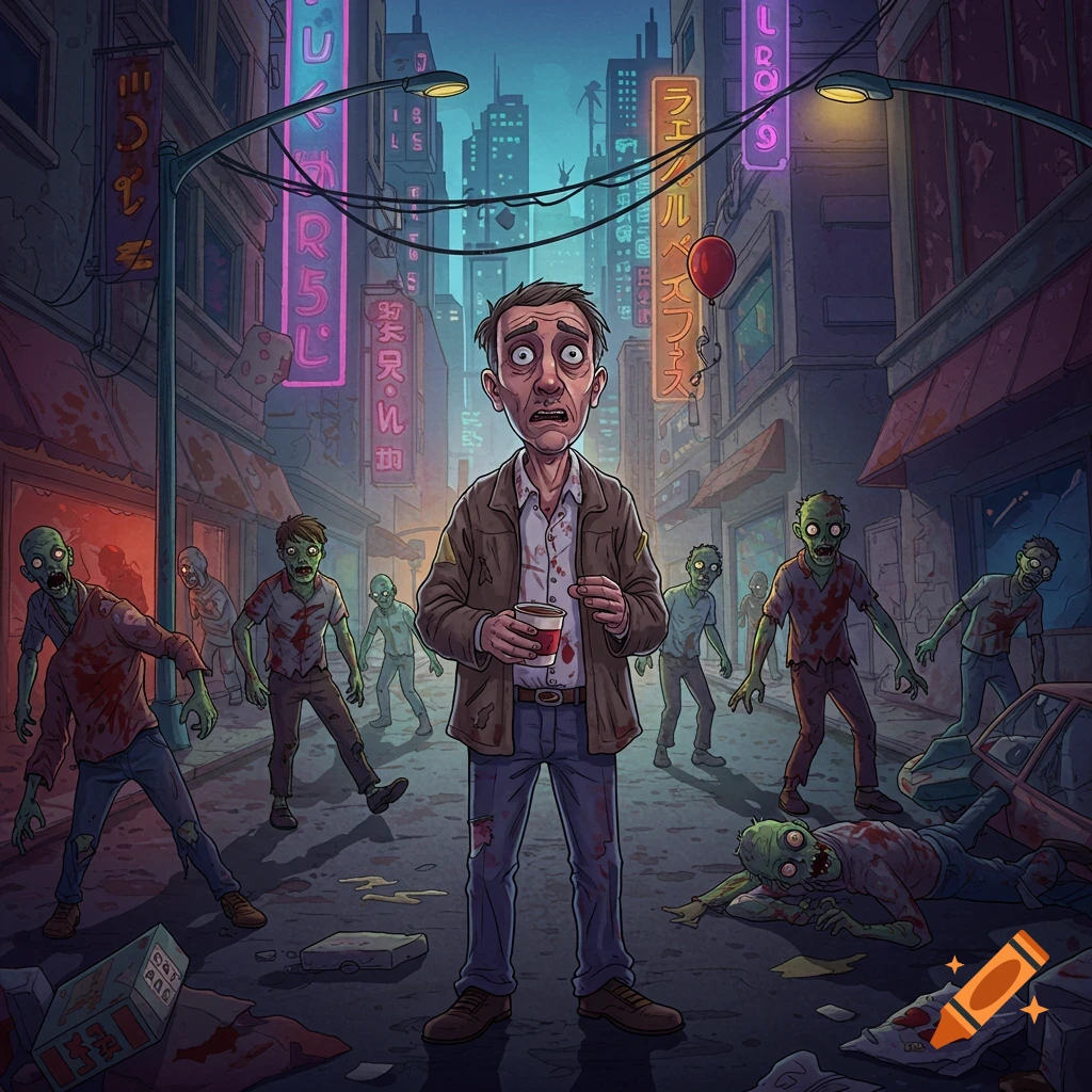 A wide-eyed man with a drink stands amidst cartoon zombies in a neon-lit, chaotic city street.
