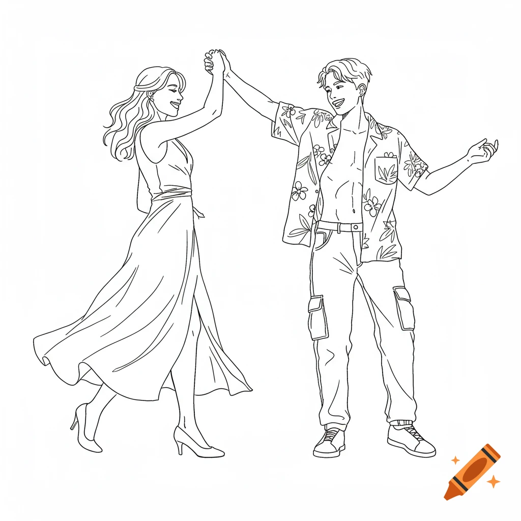Black and white outline drawing of a smiling woman in a long dress and a man in a Hawaiian shirt and cargo jeans dancing.