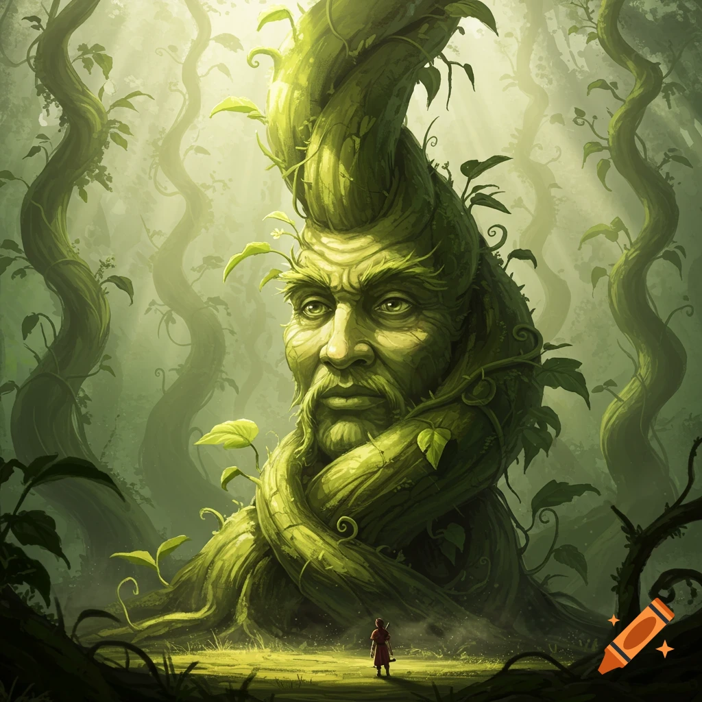 A small person stands before a giant, ancient-looking beanstalk with a wise, bearded human face emerging from its trunk, in a mystical forest.