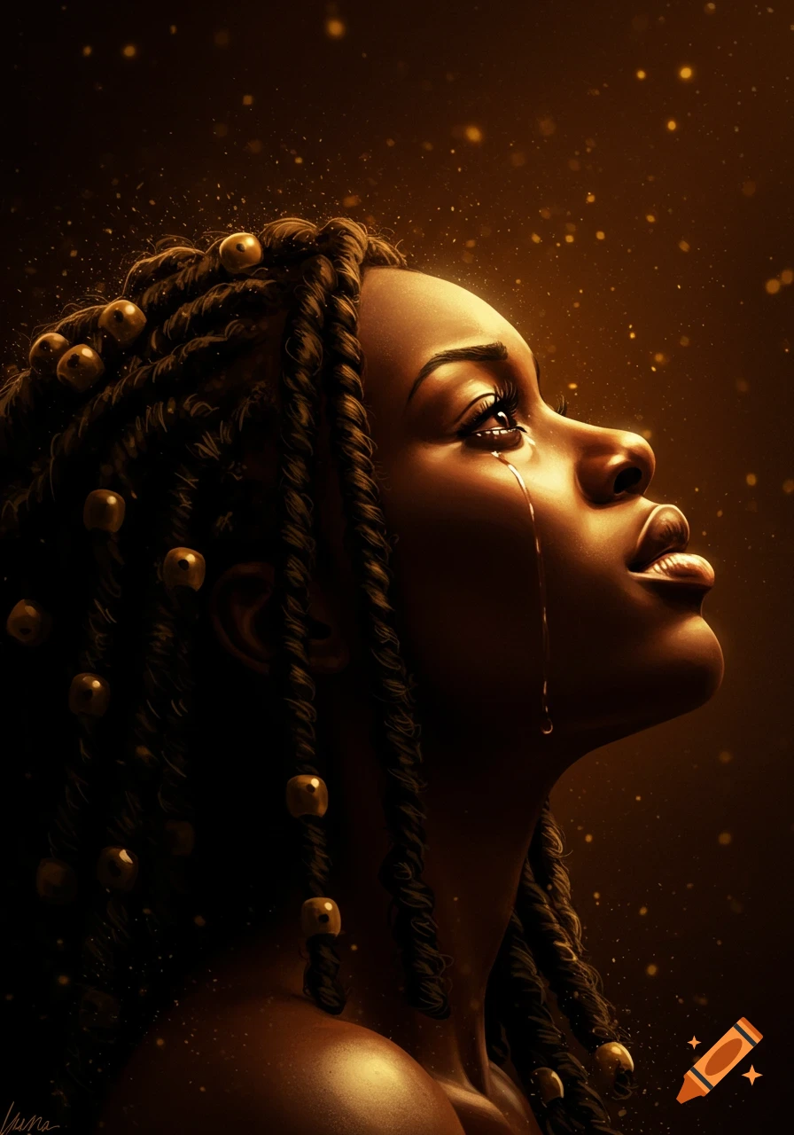 Digital painting of a Black woman's side profile, looking up with a tear, against a golden, sparkling background.