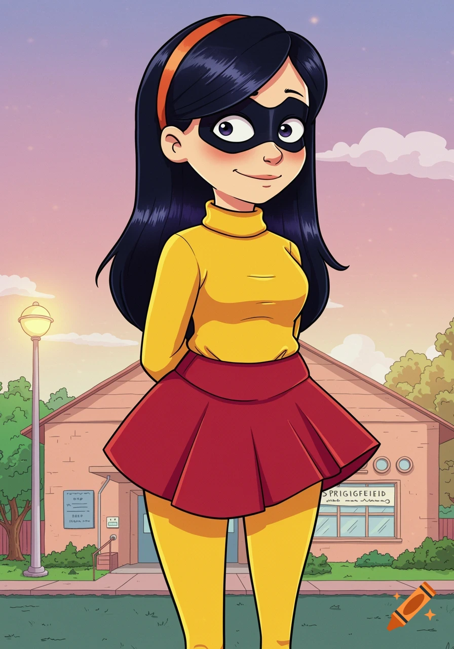 Violet from The Incredibles, wearing a yellow turtleneck, red skirt, and yellow leggings, stands smiling in a cartoon style street scene.