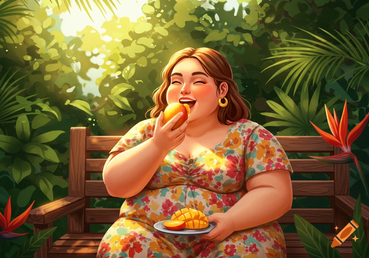 A cheerful, plump woman in a floral dress eats a mango while sitting on a wooden bench in a bright, lush garden.