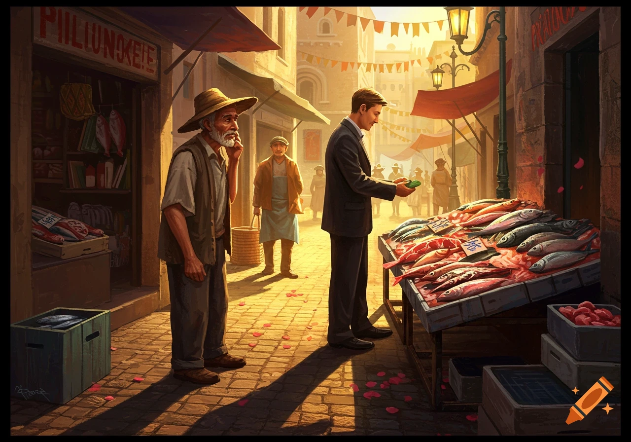 A man in a suit examines fish at a bustling outdoor market stand, while an older man in a straw hat watches nearby. Traditional buildings line the sunlit street, with vendor stalls and a shop displaying a gibberish sign. The scene is depicted in a realistic, painterly style.