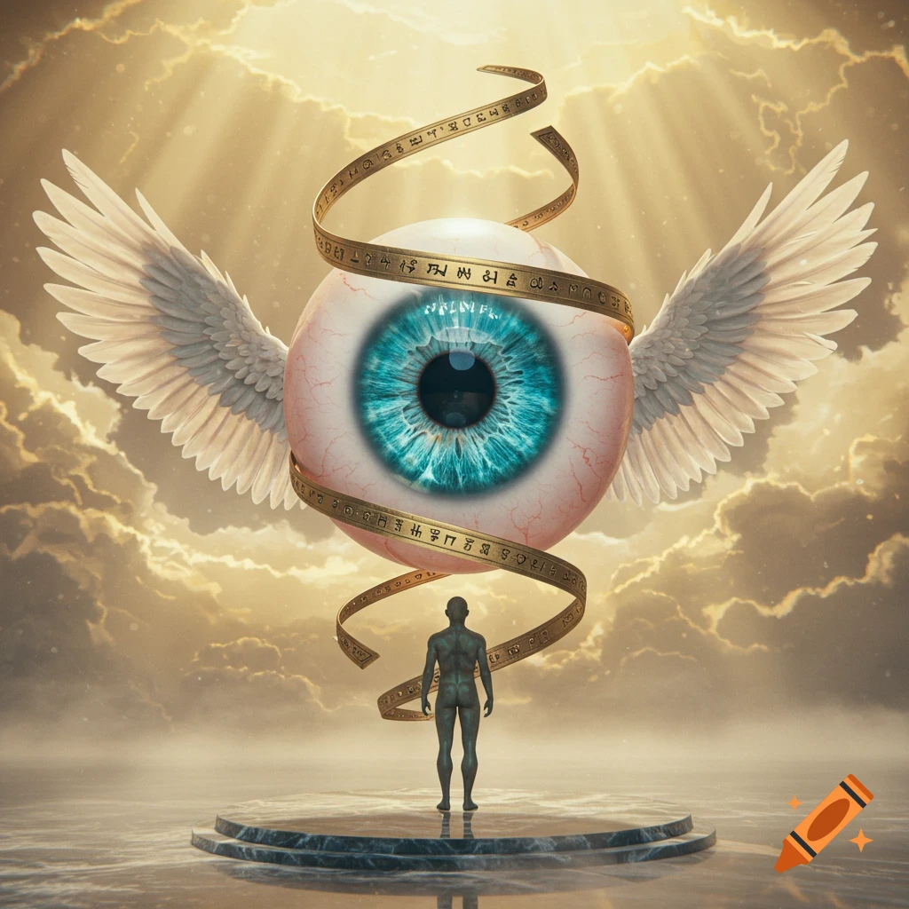 A large winged eyeball with a blue iris and a golden measuring tape wrapped around it, floats above a stylized human figure on a pedestal under a cloudy, golden sky with sun rays.