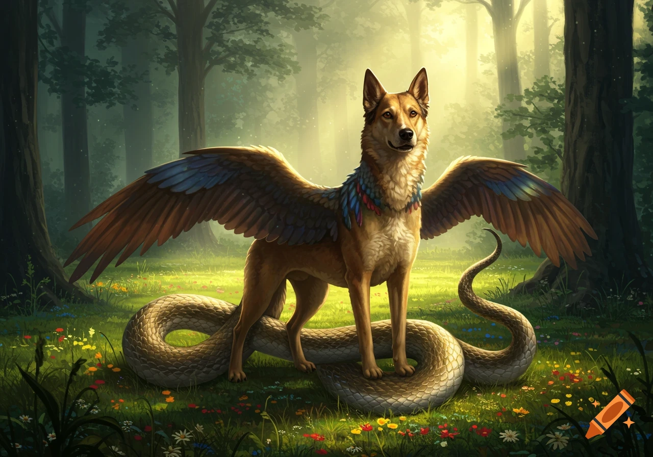 A winged, dog-like creature with a snake tail stands in a sunlit fantasy forest clearing filled with wildflowers.