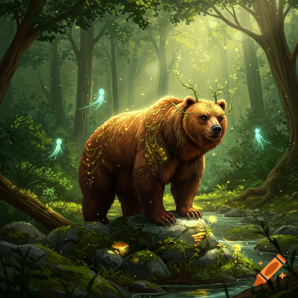 A brown bear with leafy antlers and glowing vines stands in an enchanted forest with ethereal spirits, glowing mushrooms, and a stream.