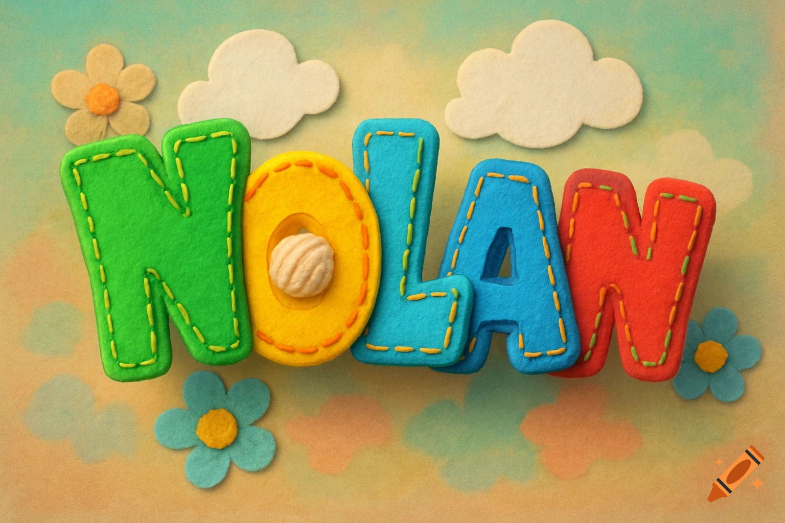 Felt letters spelling NOLAN in vibrant colors with stitched details, against a background of felt clouds and flowers.