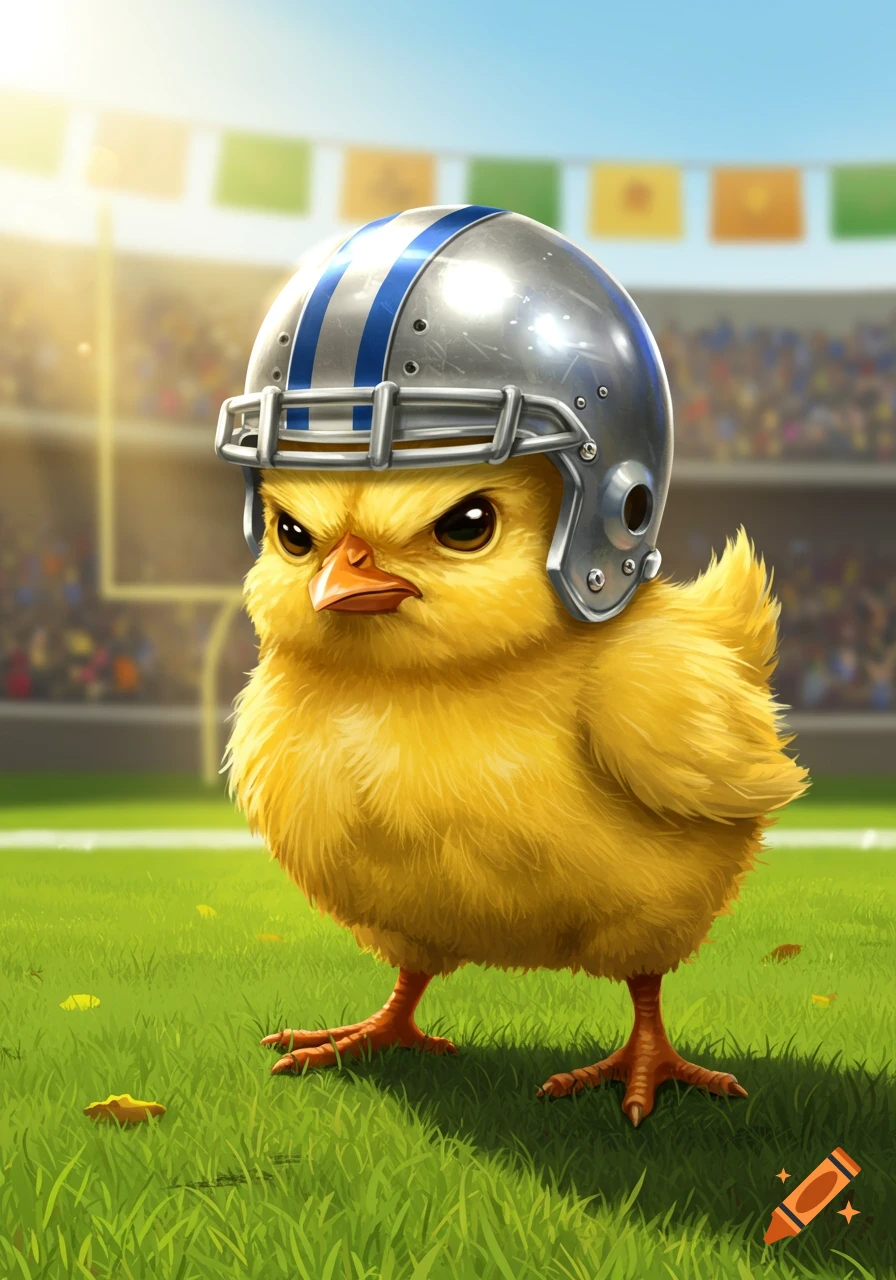 An angry, fluffy yellow baby chick in a silver and blue football helmet stands on a green field in a sunny stadium, illustrated.