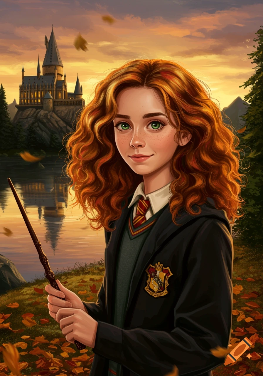 A young witch with red curly hair in a Hogwarts uniform holds a wand by a lake with the castle at sunset, autumn leaves.