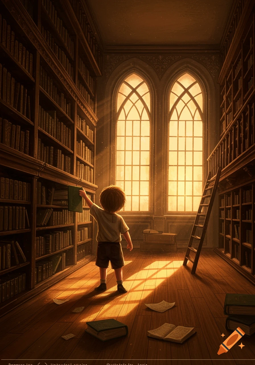 A young child reaches for a book in a grand, sunlit library with tall shelves and large gothic windows. Atmospheric illustration.