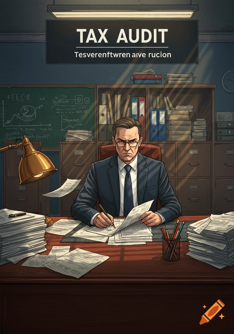 A man in a suit sits at an office desk full of papers, writing, under a 'TAX AUDIT' sign. Stylized art.