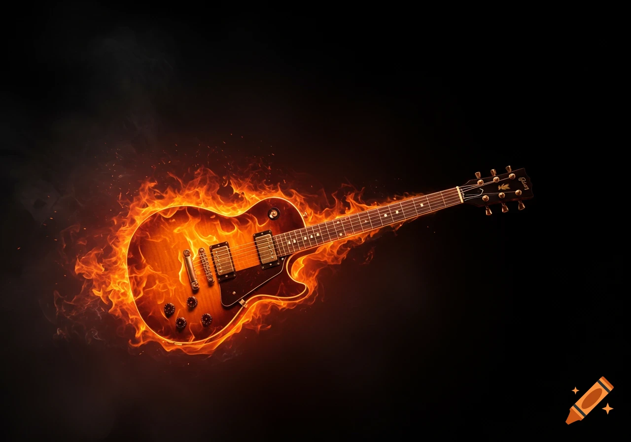 An electric guitar engulfed in vivid orange flames, floating against a dark, smoky background.