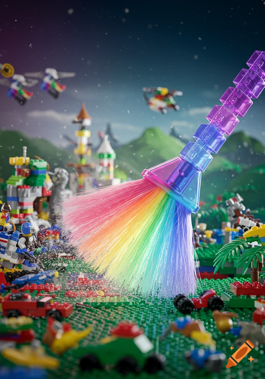 A vibrant rainbow duster sweeps across a miniature landscape of colorful LEGO bricks, scattering small pieces.