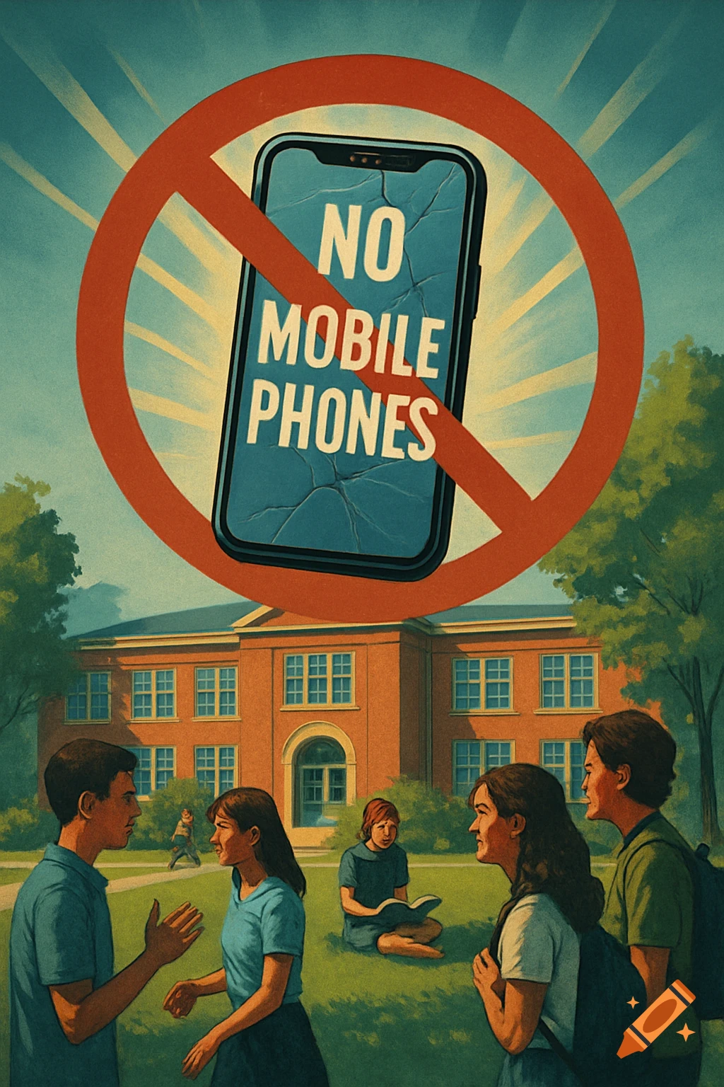 Vintage style poster showing students in front of a school, with a large red circle and line over a cracked smartphone displaying 'NO MOBILE PHONES'.