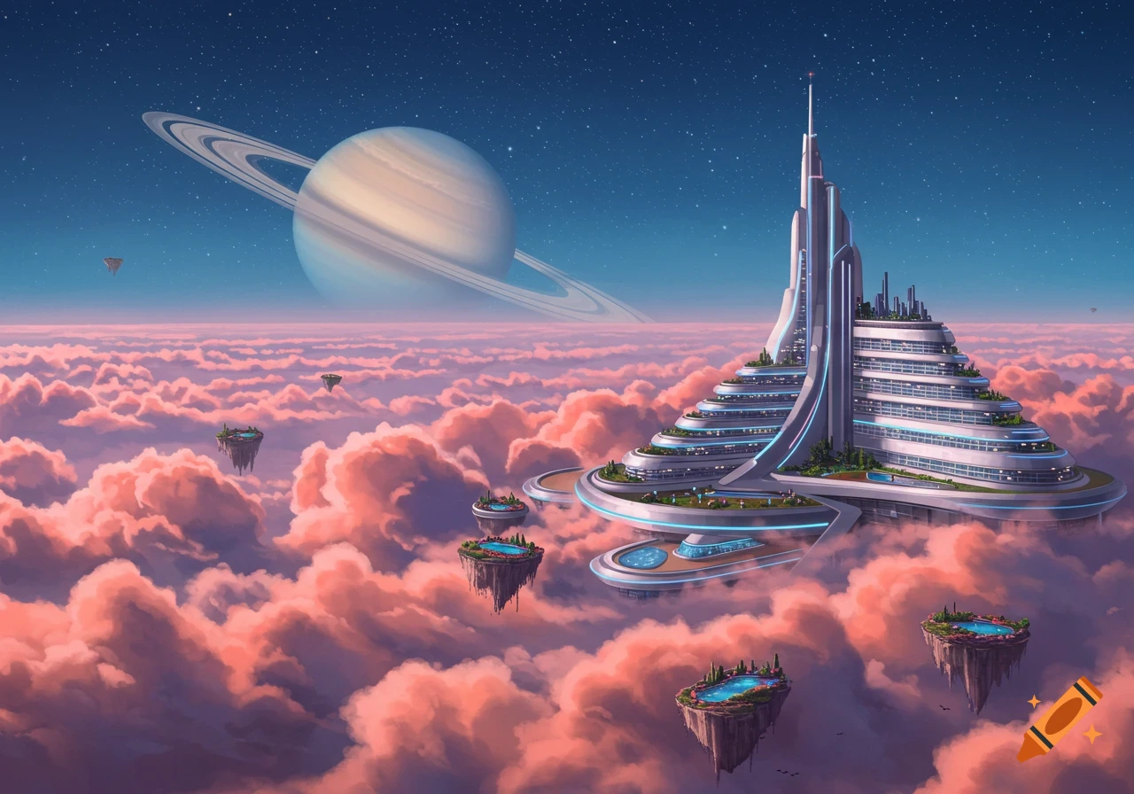 A futuristic hotel city floats on pink clouds with Saturn in a starry sky.