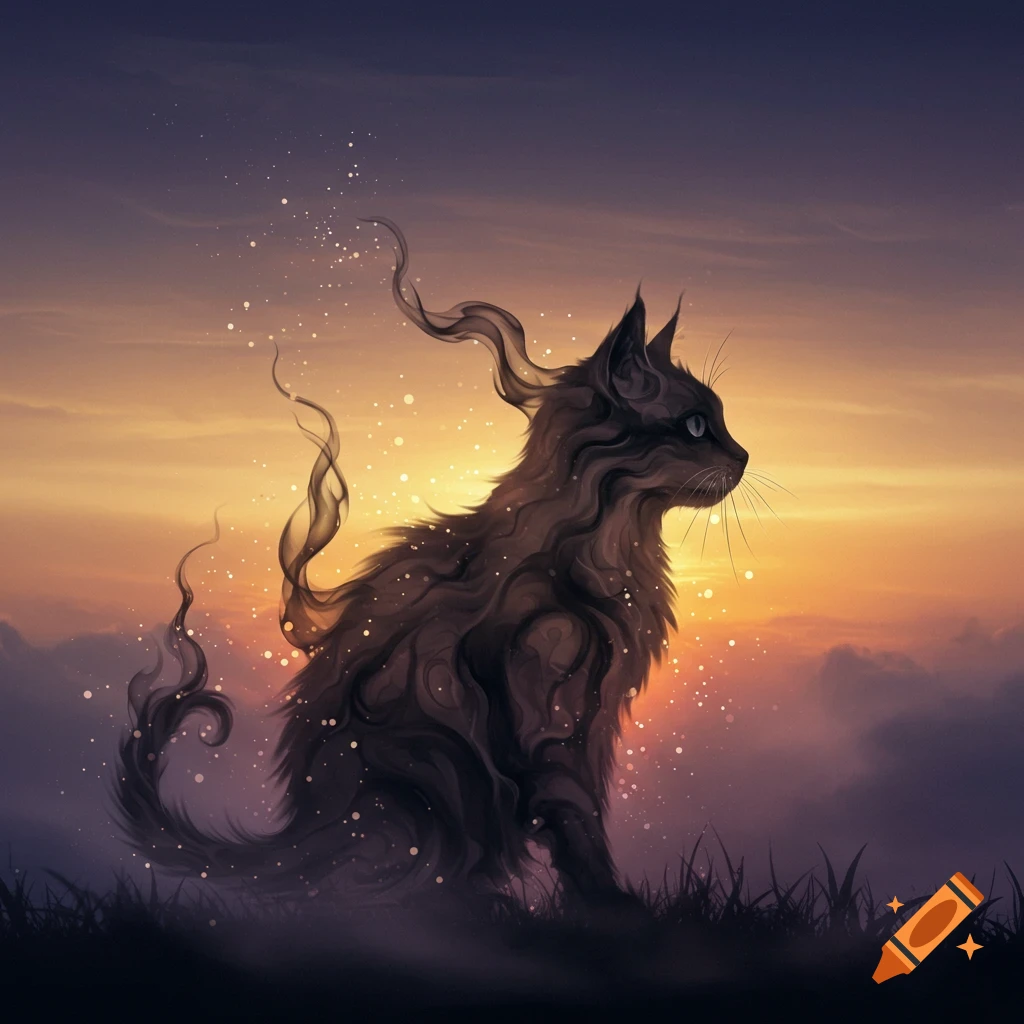 A smoky, ethereal cat silhouette with wisps of smoke and sparkling particles sits in grass against a vibrant sunset.