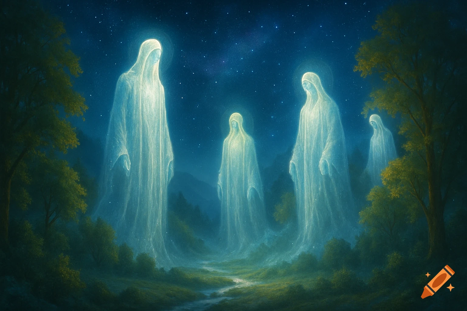 Ethereal figures in glowing robes stand in a misty forest at night under a starry sky, mystical style.