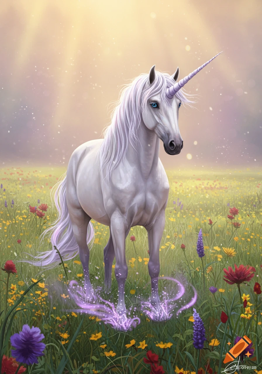 A majestic white unicorn with a purple horn and flowing mane stands in a vibrant field of wildflowers, with glowing purple energy around its hooves.