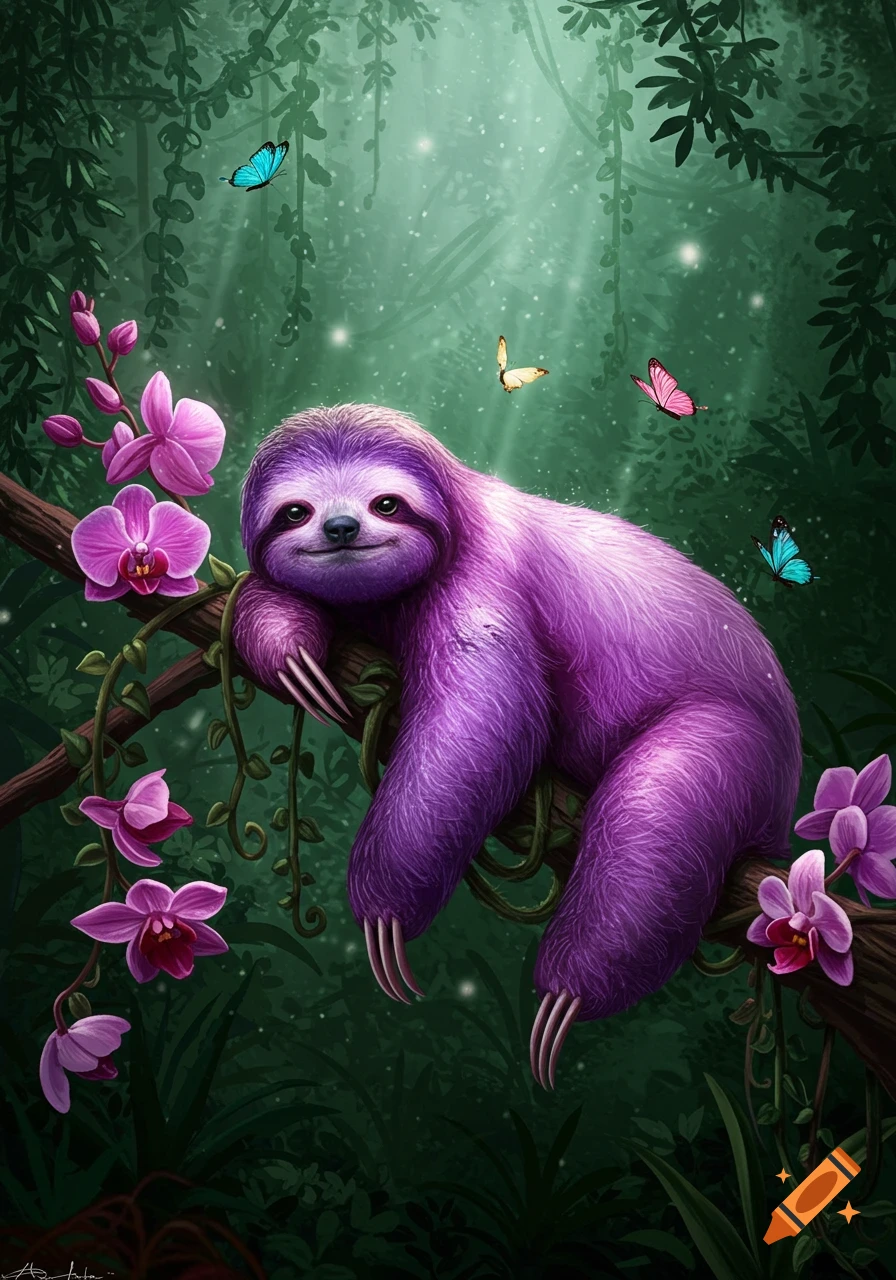 A whimsical purple sloth with a friendly smile rests on a branch surrounded by pink orchids, vines, and colorful butterflies in a lush green jungle.