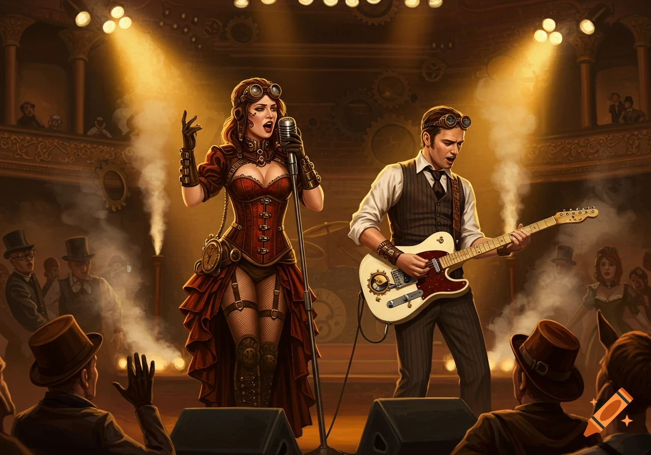 A female steampunk singer in a corset and fishnets performs with a male guitarist on a brightly lit stage for an audience.