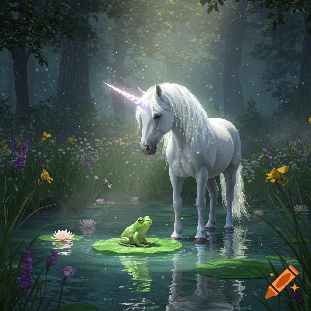 A luminous white unicorn stands in a magical forest pond, looking at a green frog on a lily pad among wildflowers.