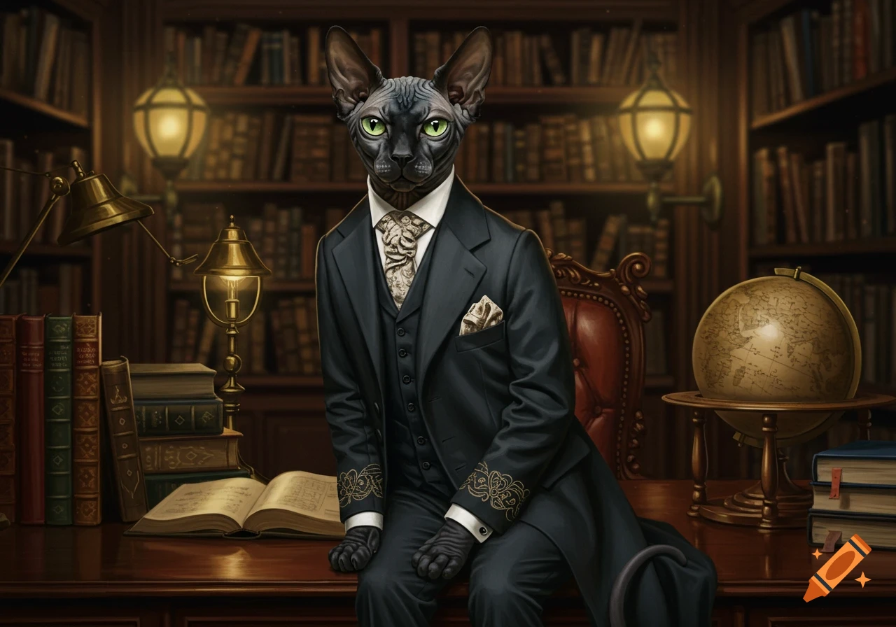 A black sphynx cat in a suit sits on a desk in a vintage library, surrounded by books and a globe. Elegant, painterly style.