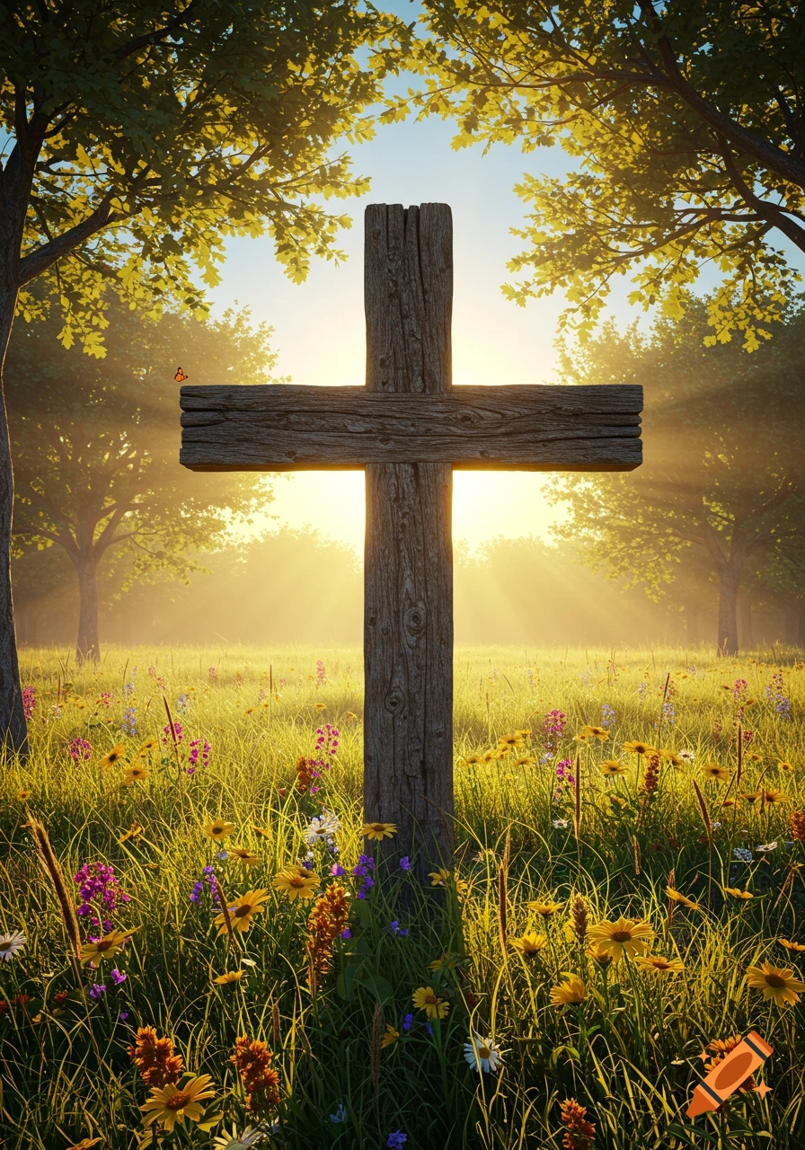 A rustic wooden cross stands in a lush field of colorful wildflowers, bathed in the golden light of a sunrise or sunset through trees.