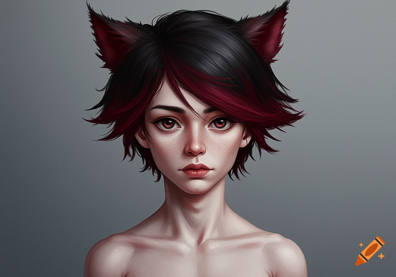 Digital portrait of a person with black and red hair, cat ears, and red eyes against a gray background.
