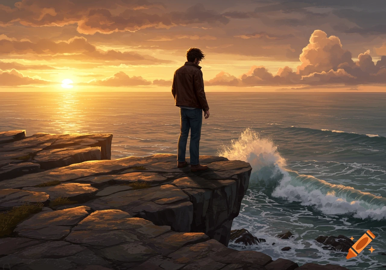 A man stands on a rocky cliff overlooking a vast ocean at sunset, with waves crashing below and a golden sky.