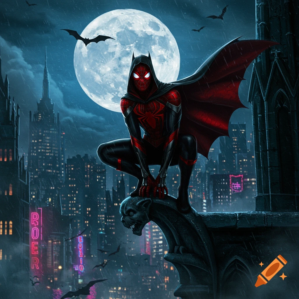 A Spider-Man/Batman hybrid in a black and red suit with a cape crouches on a gargoyle, overlooking a rainy, dark gothic city under a full moon with bats. Comic art style.