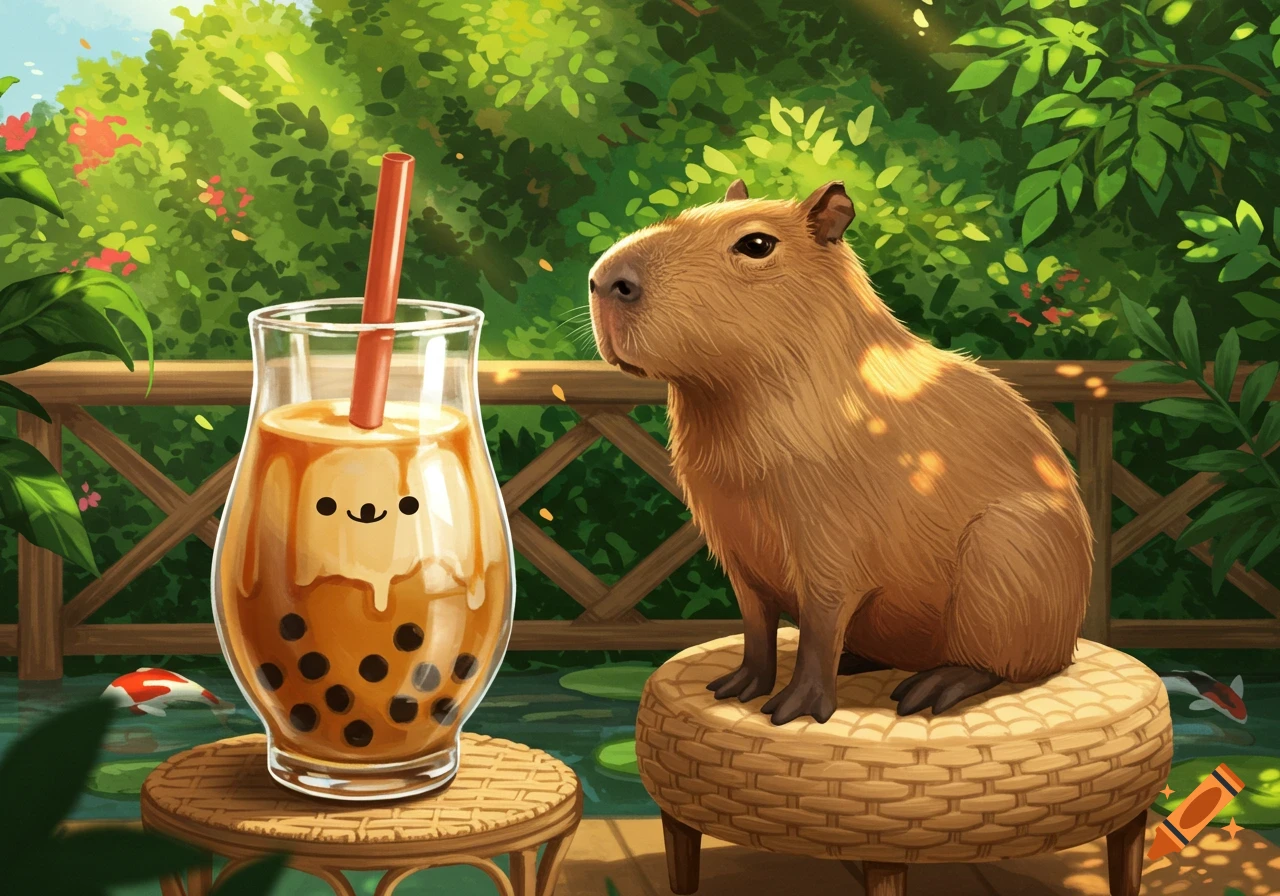 A cute capybara sits on a woven stool next to a boba tea with a smiley face, in a lush green garden with lily pads and koi fish.