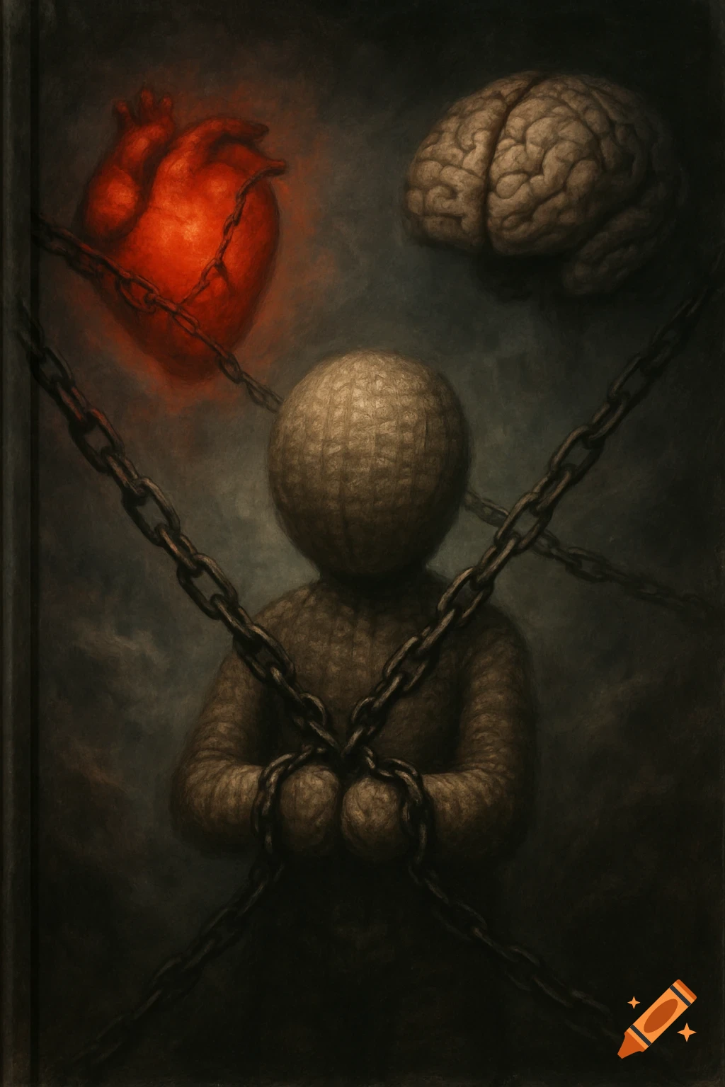 A dark, surreal illustration of a doll-like figure bound by chains, with a glowing red heart and a brain floating above it.