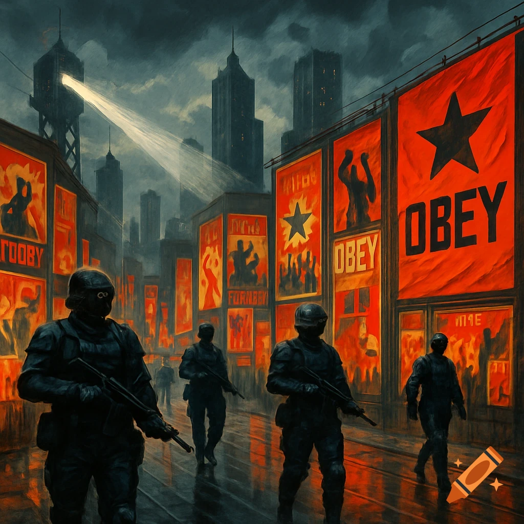 Soldiers in dark uniforms patrol a rainy, dystopian city street lined with large red propaganda signs. A spotlight shines from a tall tower.