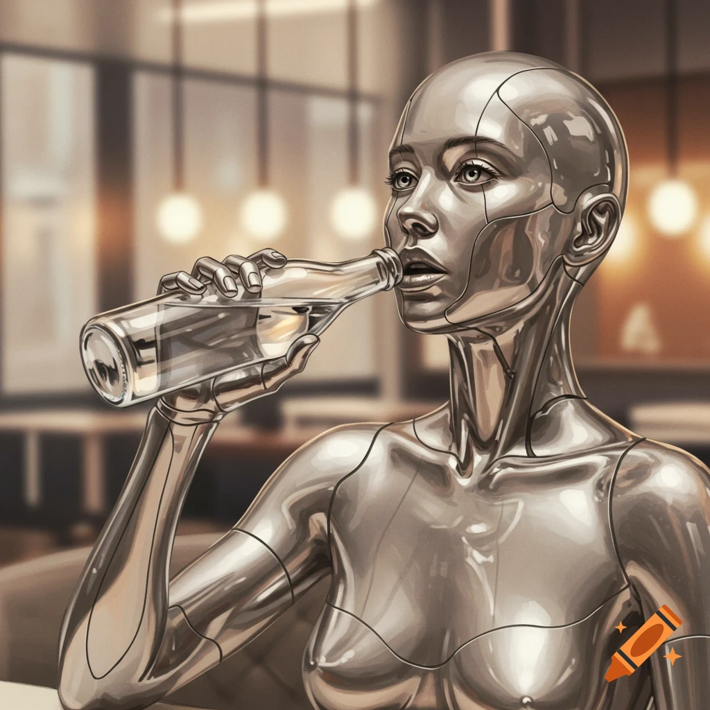A humanoid robot with metallic skin and flesh-like features around her mouth drinks from a clear bottle in a blurred indoor setting.