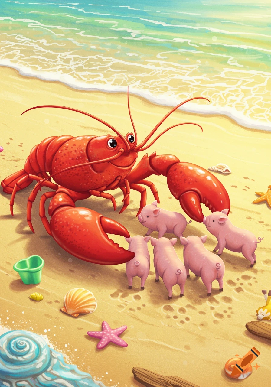 An illustration of a friendly red lobster surrounded by five small pink pigs on a sunny beach with seashells and ocean waves.
