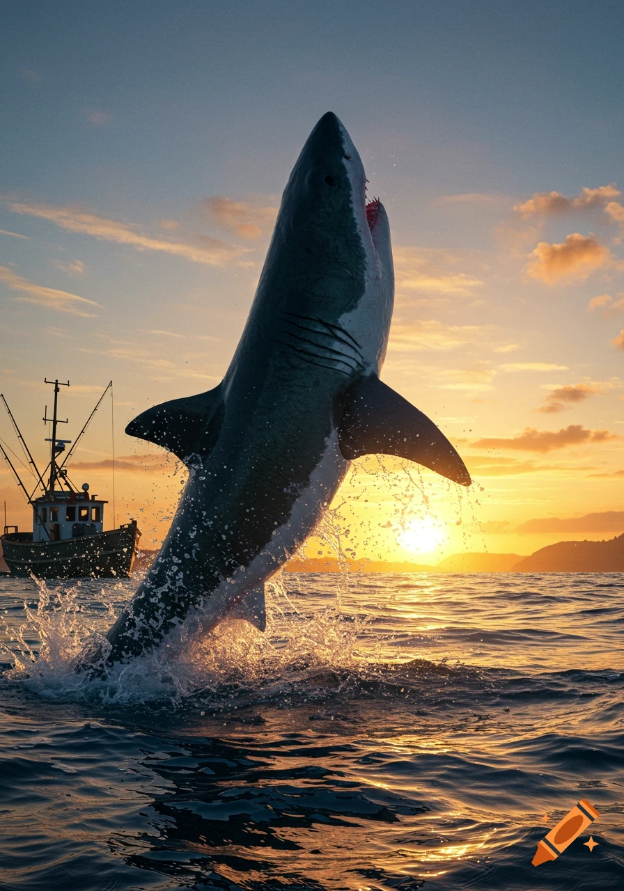 A great white shark leaps from the water against a stunning sunset with a fishing boat in the background.