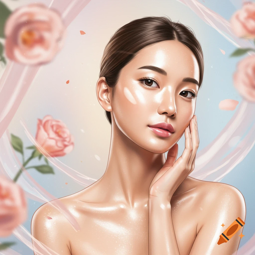 Close-up illustration of a woman with glowing skin gently touching her face, surrounded by soft pink roses and ribbons.