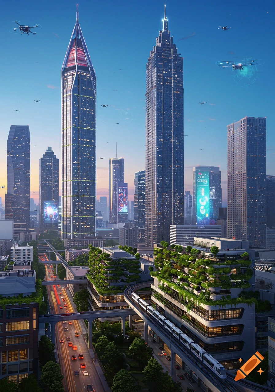 Photorealistic image of a futuristic cityscape at dusk, with tall skyscrapers, a monorail, highways, green buildings, and drones.